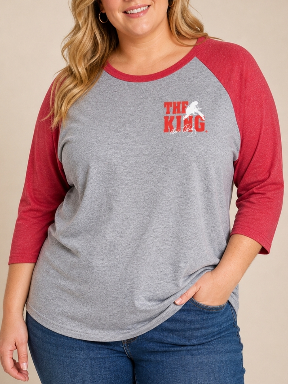 Graceland Elvis Presley The King Raglan Baseball Tee Grey Red Women's XL Vintage